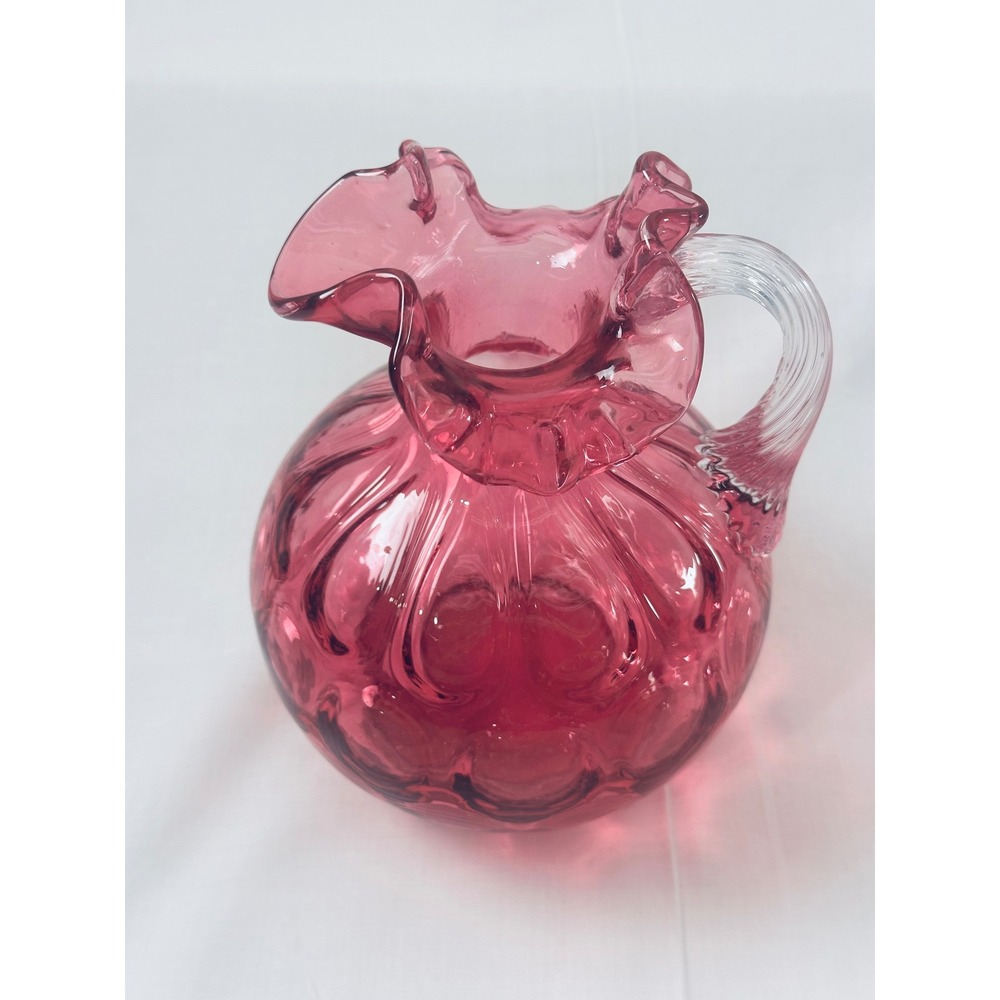 Fenton Cranberry Glass Pitcher Ruffled Rim Applied‎ Reeded Handle Optic Rib Red - Picture 12 of 13
